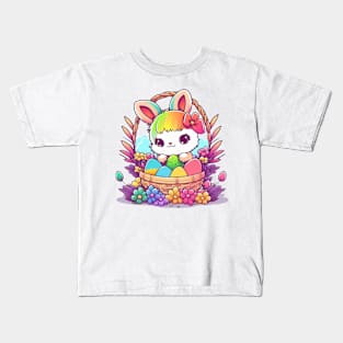 Easter Bunny In Basket. Spring Rainbow Flowers and Easter Eggs Kids T-Shirt